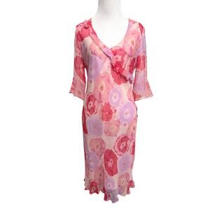 VTG Fairy Y2K Bias Cut Silk Dress 8 Pink Beaded Sequin Coquette Ruffle Feminine